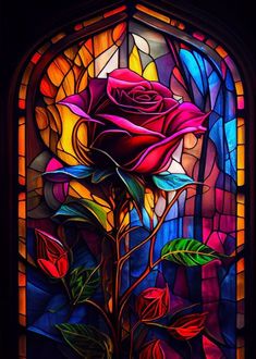 a stained glass window with a rose in it