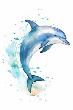 a watercolor painting of a dolphin jumping out of the water with its mouth open