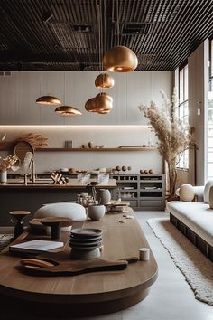 a large wooden table sitting in the middle of a room