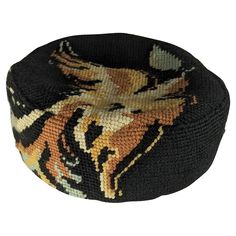 Marcel Vertes design hand cross stitched pillbox hat circa 1940. Of a flying dove with wings outstretched holding an olive leaf in its beak. Black background with the dove in ivory with autumnal color accents lined in black sateen. 1940's France. Excellent Condition L 7 " x W 6 ", Interior 22", Height 2.50 " Marcel Vertes, Flying Dove, Pill Box Hat, Box Hat, Satin Noir, Pillbox Hat, Olive Leaf, Pill Boxes, Accent Colors