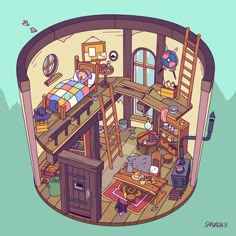 an image of a house with bunk beds in the middle and lots of stuff on the floor