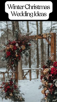 A winter Christmas wedding setup with festive decor, seasonal flowers, and a cozy holiday theme. Christmas Isle Decorations Wedding, Christmas Castle Wedding, Christmas Arbor Wedding, Winter Wonderland Bouquet Wedding, Winter Christmas Wedding Ideas, Winter Wedding Aisle Decor, Wedding Florals Winter, Christmas Eve Wedding Ideas, Snow Wedding Decorations