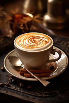 a cappuccino on a saucer with cinnamon sticks