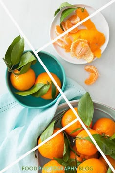 two bowls filled with oranges on top of a table