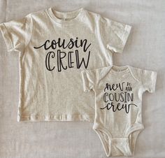 two baby onesuits with the words cousin crew and meow cussin free on them