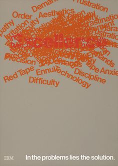 an orange and white poster with words written on it that read, in the problems lies the solution