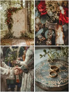 four different pictures with wedding rings on them and flowers in the middle one is holding hands