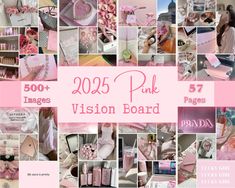 a collage of photos with pink and white designs on them, including the words'205 pink vision board '