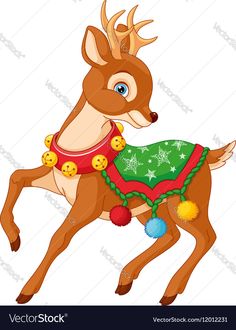 a cartoon christmas deer wearing a sweater and pom - poms on its back