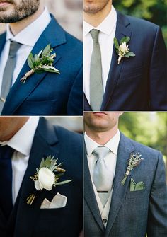 four different shots of a man in a suit and tie with flowers on his lapel