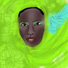 a digital painting of a woman's face with bright green hair and blue eyes