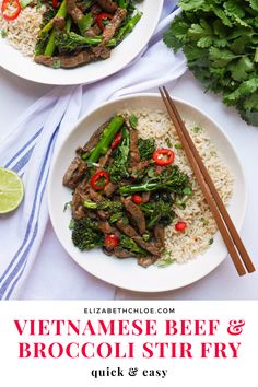 two plates filled with beef and broccoli stir fry next to chopsticks