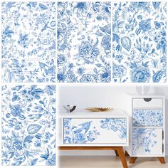 blue and white wallpapers with flowers on them