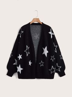 Black Casual Collar Long Sleeve Fabric Geometric  Embellished Slight Stretch  Women Plus Clothing Plus Size Cardigans, Cardigan Long, Star Pattern, Character Outfits, Dream Clothes, Lantern Sleeves, Gotham