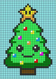 a cross stitch christmas tree is shown in the middle of a blue background with green and yellow squares