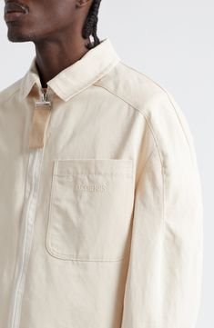 Linen-enriched cotton lends structure to a boxy-fit jacket fashioned with roomy raglan sleeves and a signature grosgrain zipper pull. Front zip closure Spread collar Chest patch pocket Adjustable button side tabs Lined 82% cotton, 18% linen Dry clean or machine wash, line dry Imported Designer Clothing Work Shirt Men, Linen Workwear, Raglan Jacket, Men's Uniform, Fashion Illustration Poses, Clothing Labels Design, Shirt With Buttons, Zipper Shirt, Linen Men