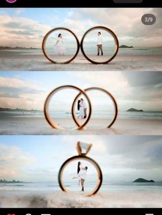 two people are standing on the beach with their wedding rings in front of them