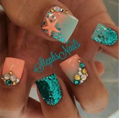 2019 Nails, Mermaid Nails, Ideas Nails, Get Nails, Beach Nails, Fabulous Nails, Cute Nail Designs, Fancy Nails, Teal Color