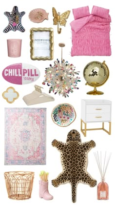 a collage of pink and gold items including pillows, blankets, rugs, lamps, vases