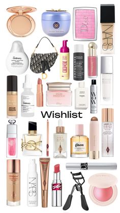 the words wishlist are surrounded by many different types of cosmetics and makeup products, including lipstick