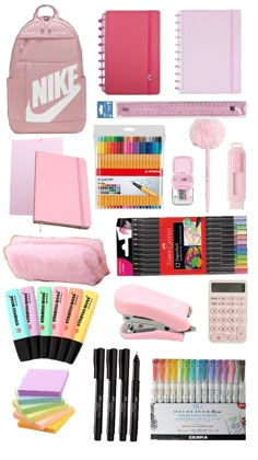 the contents of a pink nike backpack, pens, markers, pencils and other items