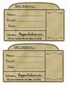 two blank labels with the name and date printed on them, one is for an identification card