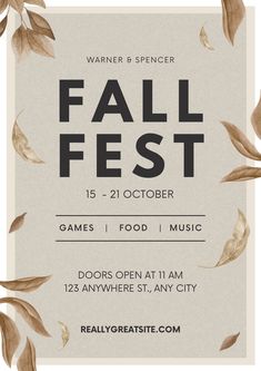 the fall fest flyer with leaves on it