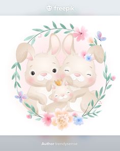 two rabbits are sitting in front of a flower frame with the words freepik on it