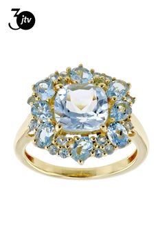 2.24ct Square Cushion Glacier Topaz��� With 0.28ctw Round, 1.08ctw Oval, And 0.30ctw Pear Shape Swiss Blue Topaz 18k Yellow Gold Over Sterling Silver Ring. Measures Approximately 0.66"L x 0.68"W. Not Sizeable. Book Themed Birthday Party, Sky Blue Topaz, Swiss Blue Topaz, Pear Shape, Pear Shaped, Blue Topaz, Sterling Silver Ring, Sky Blue, Blue Sky