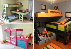 As a kid, I thought bunk beds were the coolest thing ever. Not that I wanted to share a room with my siblings, but how awesome would it be to have two beds to yourself? I thought I had outgrown that idea until I saw these incredible bunk bed, roll -out bed, and space-saving bed … Triple Bunk Beds Plans, Diy Kids Bed, Toddler Bunk Beds, Bunk Bed Plans, Triple Bunk Beds, Diy Bunk Bed, Triple Bunk Bed, Triple Bunk, Space Saving Beds