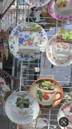 tea cups and saucers are hanging on the rack