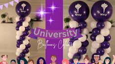 purple and white balloons are hanging in front of the entrance to an university graduation party