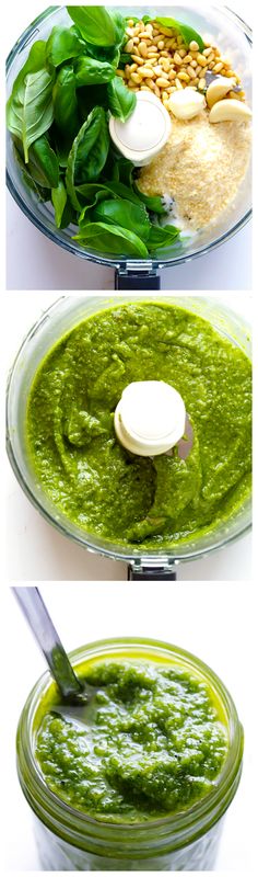 the process to make pesto sauce is shown in three different stages, including mixing and blending