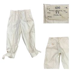 1930s Nwt Loebs White Cotton Button Fly Knickers Pants Workwear / Waist 28 Features: * Button Fly. * Waist Pockets. * Cropped Ankle With Adjustable Strap * Material: Feels Like A Woven Cotton * Circa: 1930s Measurements: * Taken Lying Flat. * Best Fit Would Be A Waist 28” * Waist- 28” * Hips- 36” * Length- 31” * Inseam- 22” Label: Loebs Mechanic Atlanta, Georgia Condition: New Old Stock With Original Tags But There Is Wear From Nearly 100 Years In Storage. Some Dust Marks In Creases, Large Spot Knickers Pants, Atlanta Georgia, Woven Cotton, Mens Trousers, 100 Years, Cotton Weaving, White Cotton, Mens Pants, Favorite Outfit