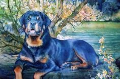 a painting of a dog laying on the ground next to a tree and water area