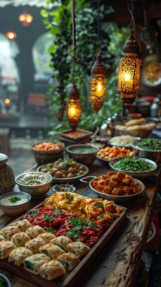 a buffet table filled with lots of food and lit candles hanging from it's ceiling