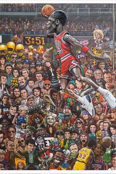 a painting of a basketball player jumping into the air to dunk a ball in front of a crowd