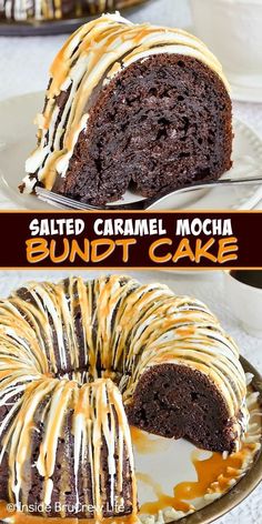 a chocolate bundt cake with caramel drizzles on top, and sliced in half