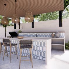 an outdoor kitchen with bar stools next to it