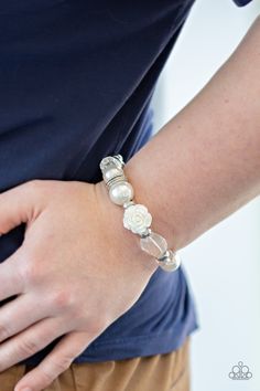 A collection of silver, pearly white, and white crystal-like beads are threaded along a stretchy band around the wrist. A shiny white resin rose joins the refined palette for a glamorous finish.

 Sold as one individual bracelet. Cheap White Band Bracelets, Cheap Sentimental White Bracelets, Cheap White Crystal Bracelet For Women, Cheap White Charm Bracelets, Cheap White Crystal Bracelet For The Beach, Casual White Charm Bracelet, Women Gold Jewelry, Bracelets Trendy, Buy Earrings Online