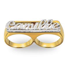 two tone gold and diamond name ring with the word danielle engraved on it's sides