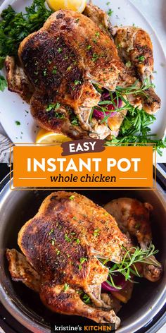 the instant pot whole chicken is ready to be cooked in the oven with lemons and parsley