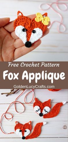 crochet fox applique with text overlay that says free crochet pattern for the fox applique