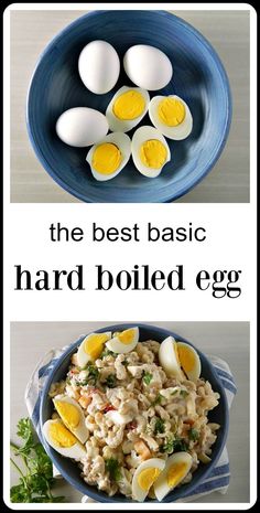 an egg salad with hard boiled eggs is shown in two separate pictures, and the same one