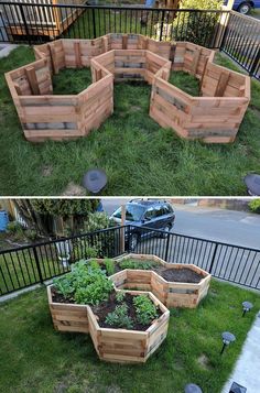 several wooden raised planters sitting in the grass