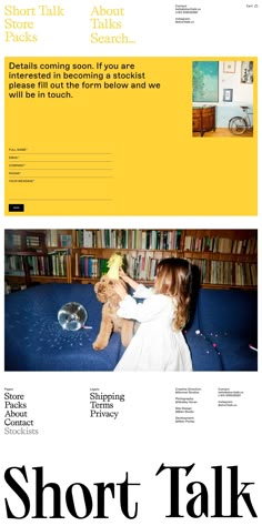 an advertisement for short talk with a girl holding a teddy bear in front of a bookshelf