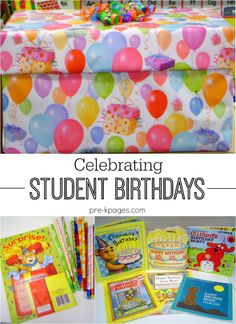 an assortment of children's books and gifts for the student in their classroom, including birthday