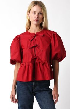 The cutest bow blouse . Perfect to pair with a pair of jeans , shorts, or even a cute skort. Perfect fall outfit. Tie Top Outfit, Take Chances, Perfect Fall Outfit, Red Tie, Bow Blouse, Fall Fits, Front Tie Top, Babydoll Top, Puff Sleeve Top