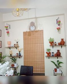 a living room filled with lots of potted plants next to a wall mounted clock