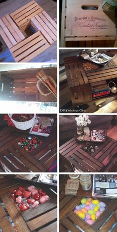 several pictures of different types of wooden pallets and crates with fruit in them on the floor